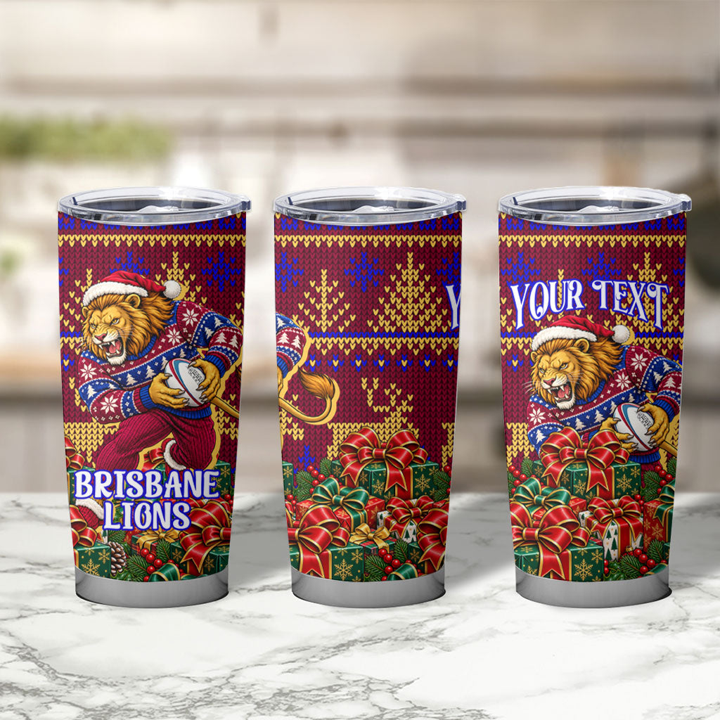 Personalized Brisbane Lions Christmas Tumbler Cup Australian Football Mascot - Ugly Xmas Pattern Festive