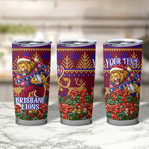 Personalized Brisbane Lions Christmas Tumbler Cup Australian Football Mascot - Ugly Xmas Pattern Festive