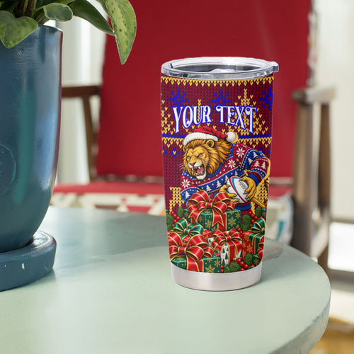 Personalized Brisbane Lions Christmas Tumbler Cup Australian Football Mascot - Ugly Xmas Pattern Festive