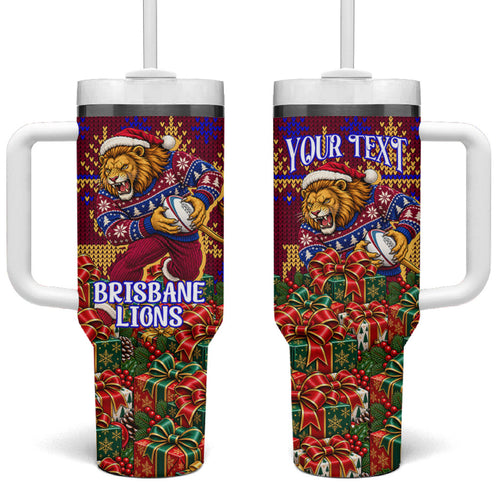 Personalized Brisbane Lions Christmas Tumbler With Handle Australian Football Mascot - Ugly Xmas Pattern Festive