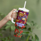 Personalized Brisbane Lions Christmas Tumbler With Handle Australian Football Mascot - Ugly Xmas Pattern Festive