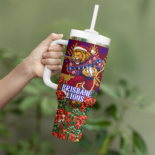 Personalized Brisbane Lions Christmas Tumbler With Handle Australian Football Mascot - Ugly Xmas Pattern Festive