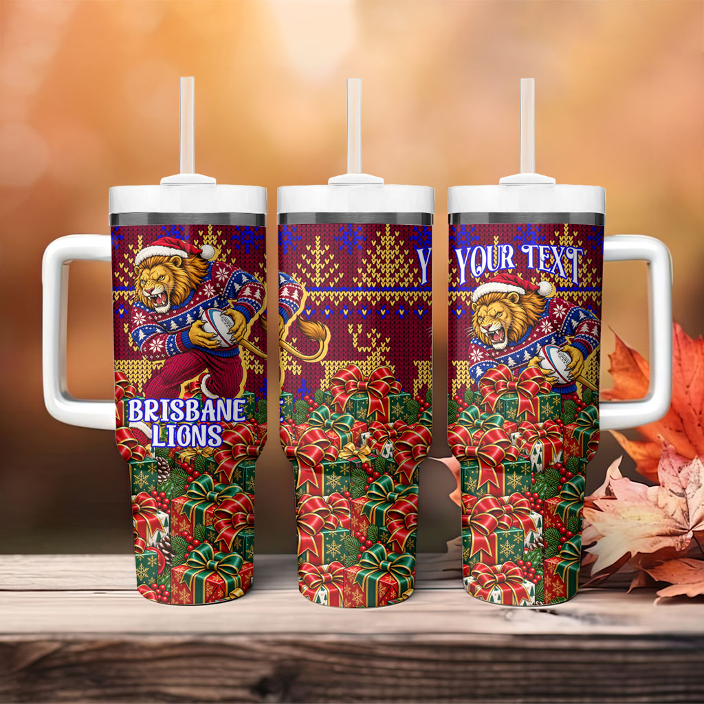 Personalized Brisbane Lions Christmas Tumbler With Handle Australian Football Mascot - Ugly Xmas Pattern Festive