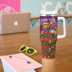 Personalized Brisbane Lions Christmas Tumbler With Handle Australian Football Mascot - Ugly Xmas Pattern Festive