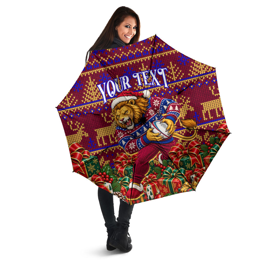 Personalized Brisbane Lions Christmas Umbrella Australian Football Mascot - Ugly Xmas Pattern Festive