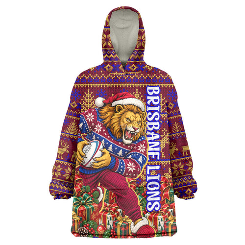 Personalized Brisbane Lions Christmas Wearable Blanket Hoodie Australian Football Mascot - Ugly Xmas Pattern Festive
