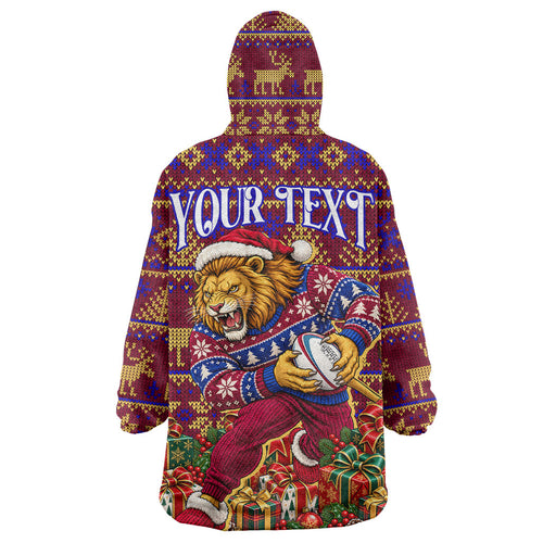 Personalized Brisbane Lions Christmas Wearable Blanket Hoodie Australian Football Mascot - Ugly Xmas Pattern Festive