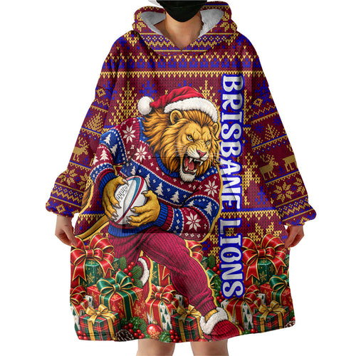 Personalized Brisbane Lions Christmas Wearable Blanket Hoodie Australian Football Mascot - Ugly Xmas Pattern Festive