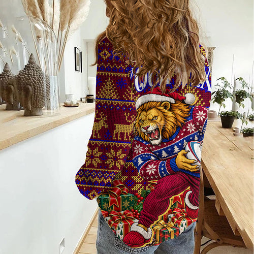 Personalized Brisbane Lions Christmas Women Casual Shirt Australian Football Mascot - Ugly Xmas Pattern Festive
