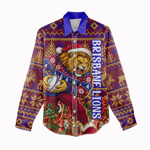 Personalized Brisbane Lions Christmas Women Casual Shirt Australian Football Mascot - Ugly Xmas Pattern Festive