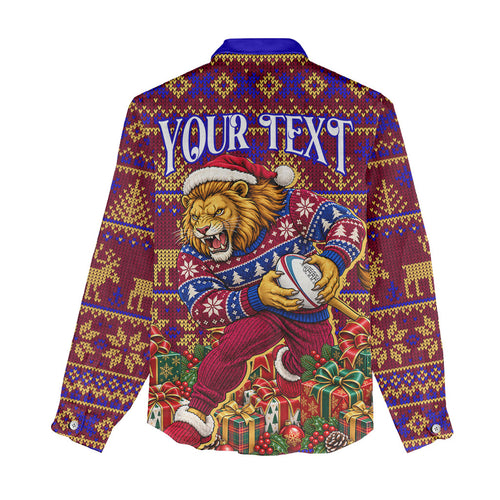 Personalized Brisbane Lions Christmas Women Casual Shirt Australian Football Mascot - Ugly Xmas Pattern Festive