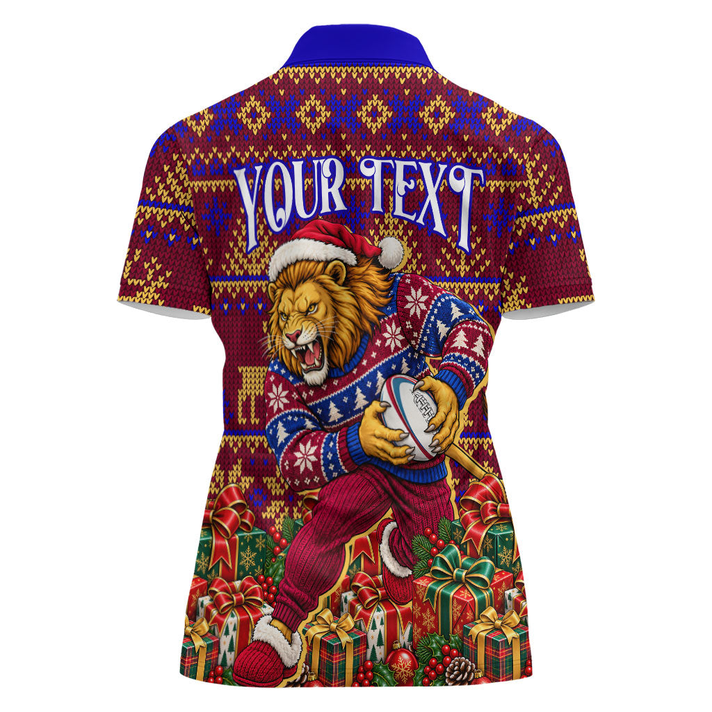 Personalized Brisbane Lions Christmas Women Polo Shirt Australian Football Mascot - Ugly Xmas Pattern Festive