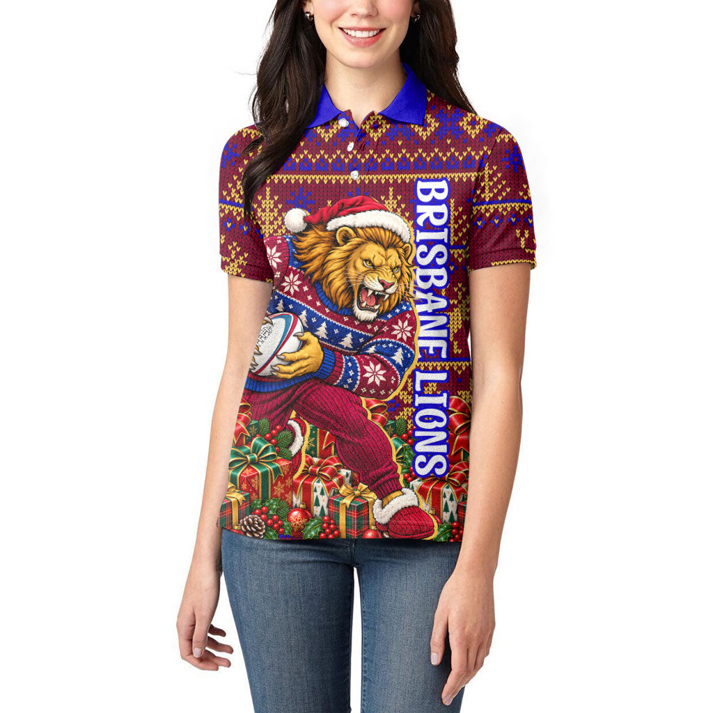Personalized Brisbane Lions Christmas Women Polo Shirt Australian Football Mascot - Ugly Xmas Pattern Festive