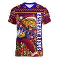 Personalized Brisbane Lions Christmas Women V-Neck T-Shirt Australian Football Mascot - Ugly Xmas Pattern Festive