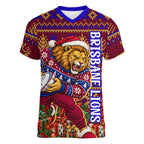 Personalized Brisbane Lions Christmas Women V-Neck T-Shirt Australian Football Mascot - Ugly Xmas Pattern Festive