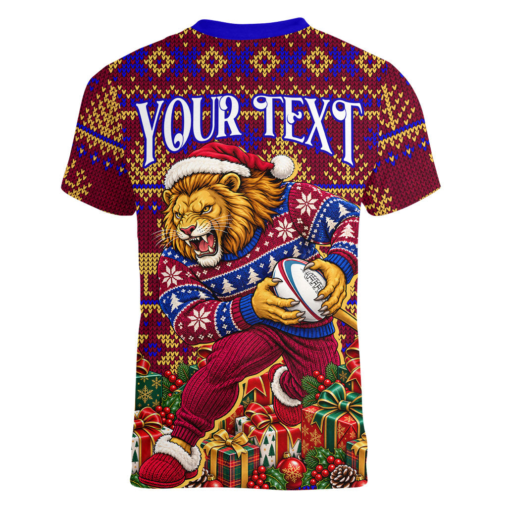 Personalized Brisbane Lions Christmas Women V-Neck T-Shirt Australian Football Mascot - Ugly Xmas Pattern Festive