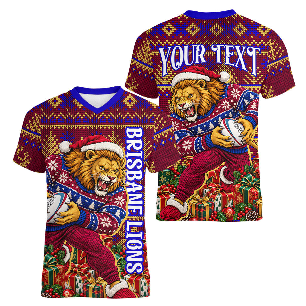 Personalized Brisbane Lions Christmas Women V-Neck T-Shirt Australian Football Mascot - Ugly Xmas Pattern Festive