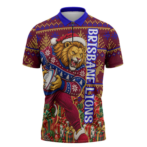 Personalized Brisbane Lions Christmas Zipper Polo Shirt Australian Football Mascot - Ugly Xmas Pattern Festive