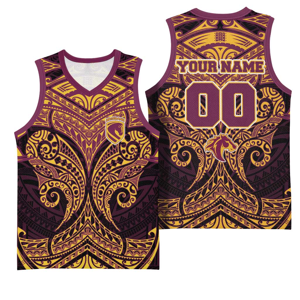 Personalized Brisbane Broncos Basketball Jersey Polynesian Tribal Pattern Style