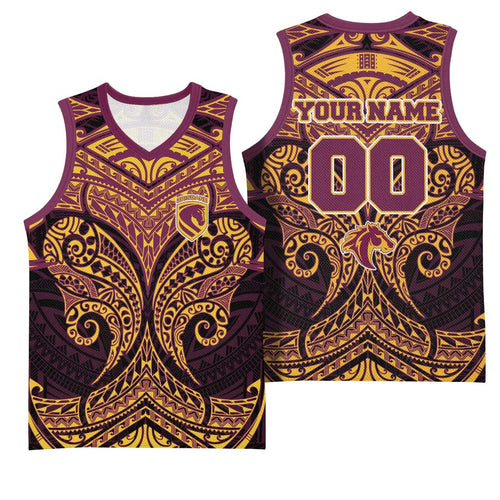 Personalized Brisbane Broncos Basketball Jersey Polynesian Tribal Pattern Style