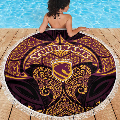 Personalized Brisbane Broncos Beach Blanket Polynesian Tribal Pattern Style