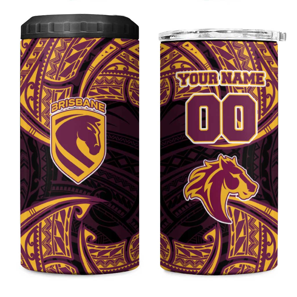 Personalized Brisbane Broncos 4 in 1 Can Cooler Tumbler Polynesian Tribal Pattern Style