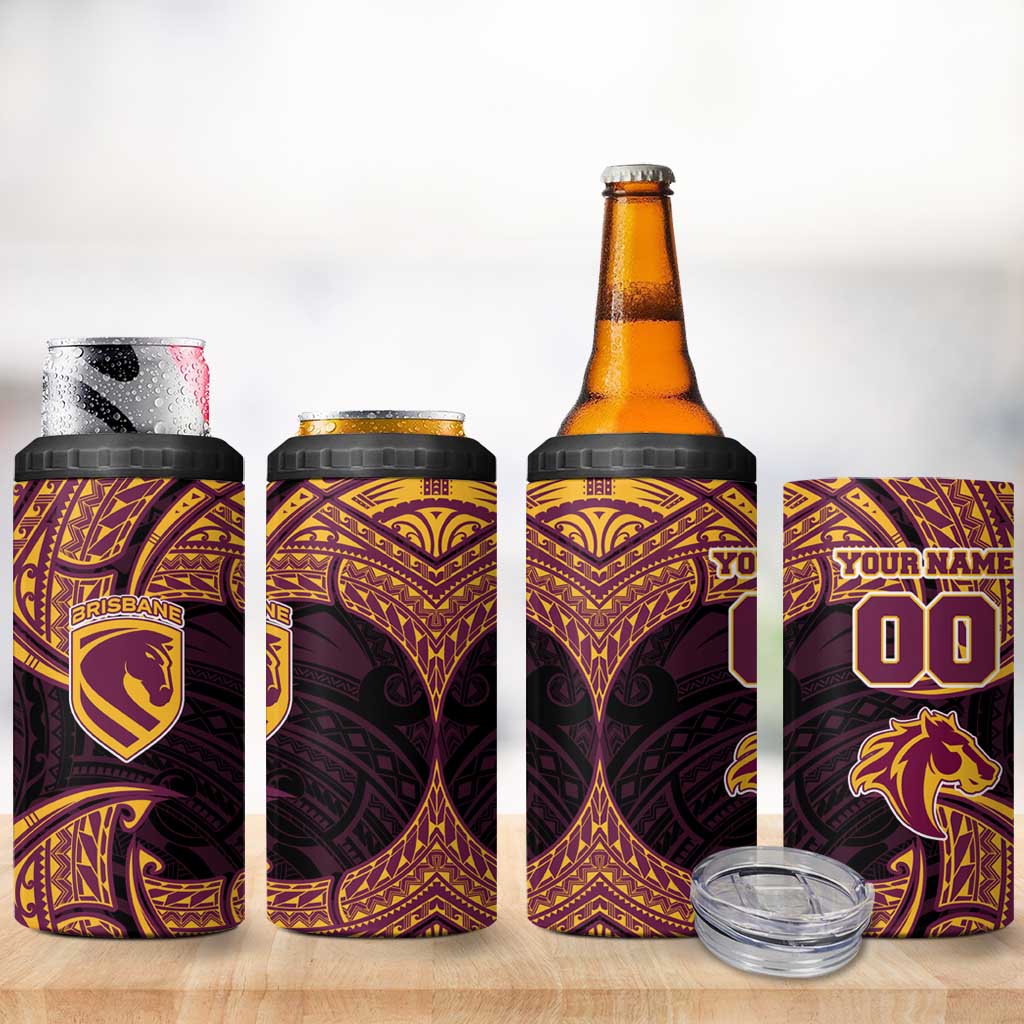 Personalized Brisbane Broncos 4 in 1 Can Cooler Tumbler Polynesian Tribal Pattern Style