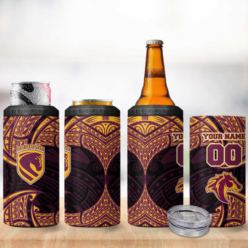 Personalized Brisbane Broncos 4 in 1 Can Cooler Tumbler Polynesian Tribal Pattern Style