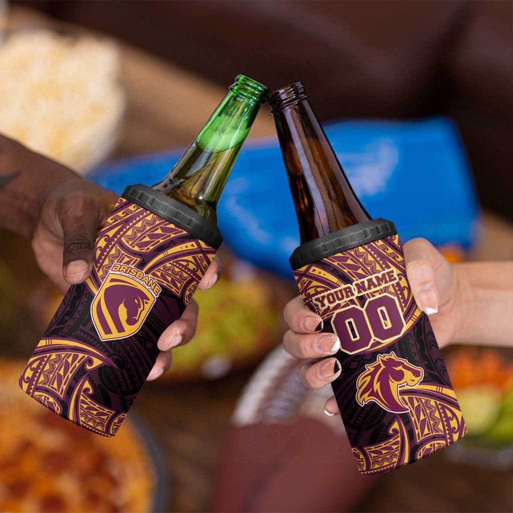 Personalized Brisbane Broncos 4 in 1 Can Cooler Tumbler Polynesian Tribal Pattern Style