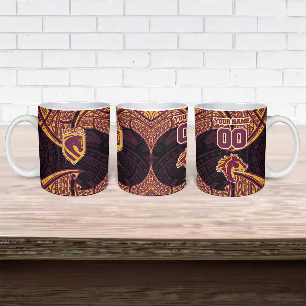 Personalized Brisbane Broncos Ceramic Mug Polynesian Tribal Pattern Style