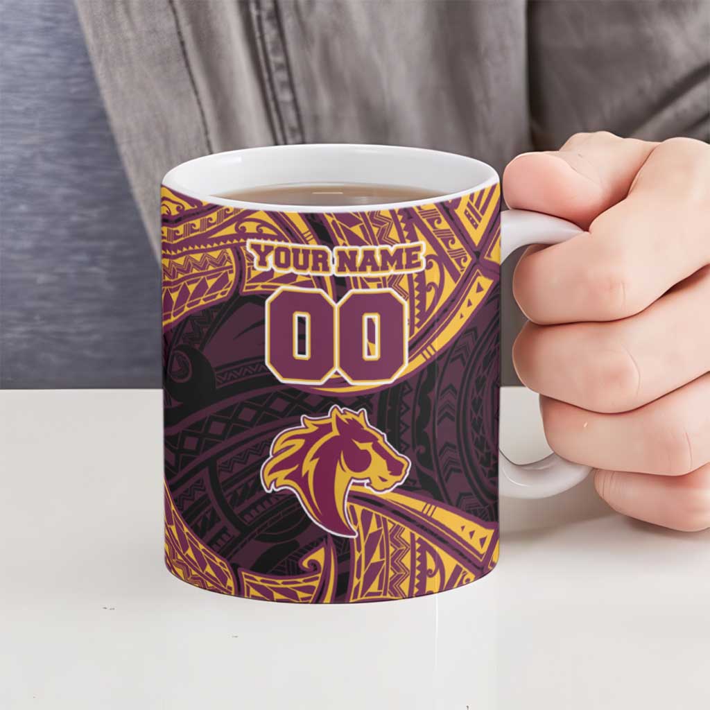 Personalized Brisbane Broncos Ceramic Mug Polynesian Tribal Pattern Style