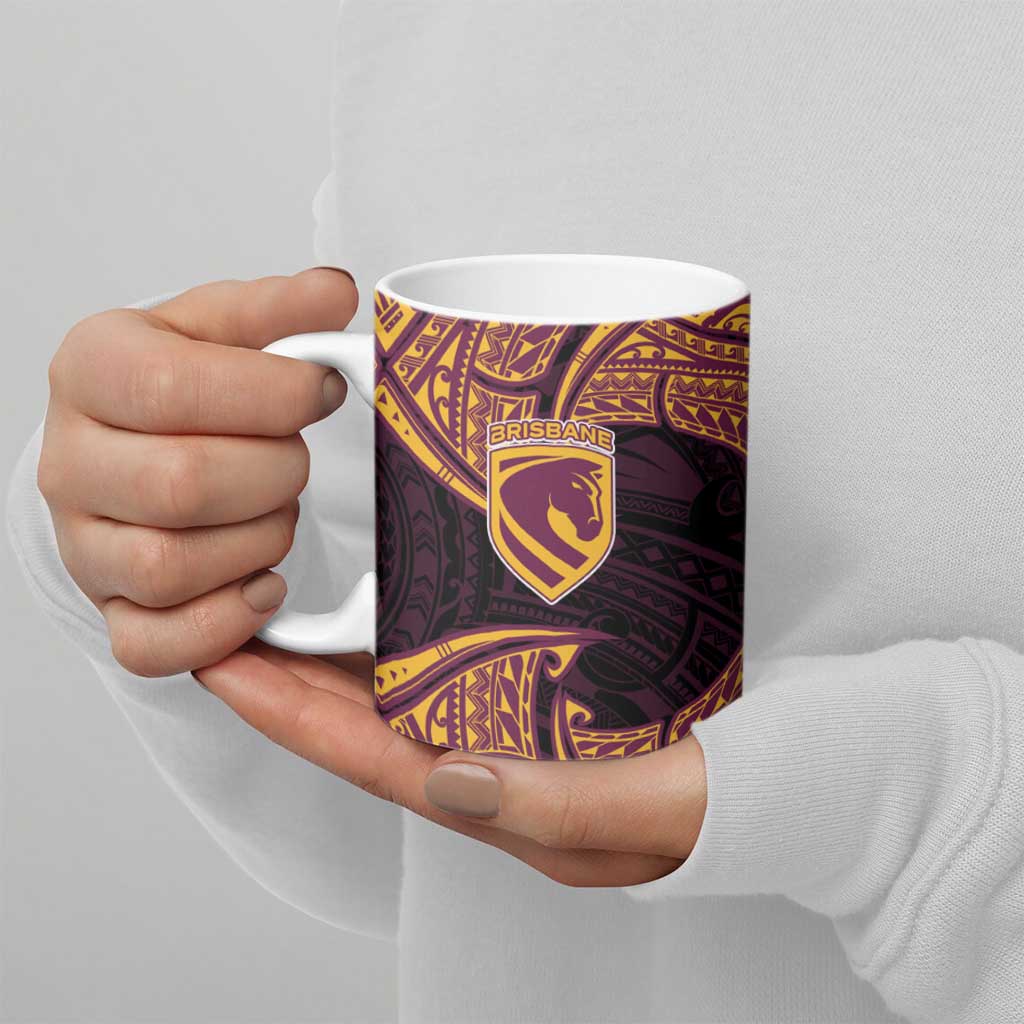 Personalized Brisbane Broncos Ceramic Mug Polynesian Tribal Pattern Style
