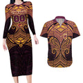 Personalized Brisbane Broncos Couples Matching Long Sleeve Bodycon Dress and Hawaiian Shirt Polynesian Tribal Pattern Style