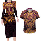 Personalized Brisbane Broncos Couples Matching Long Sleeve Bodycon Dress and Hawaiian Shirt Polynesian Tribal Pattern Style