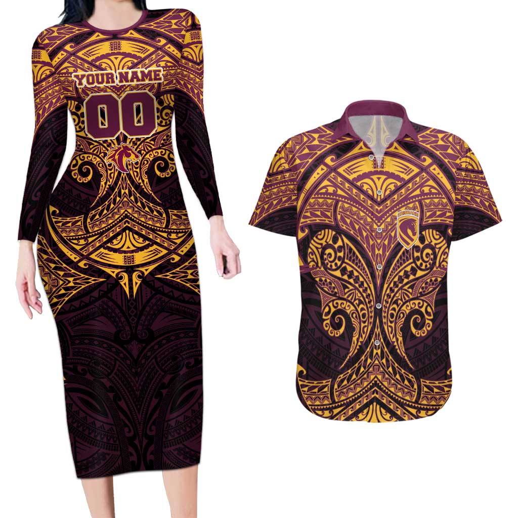 Personalized Brisbane Broncos Couples Matching Long Sleeve Bodycon Dress and Hawaiian Shirt Polynesian Tribal Pattern Style