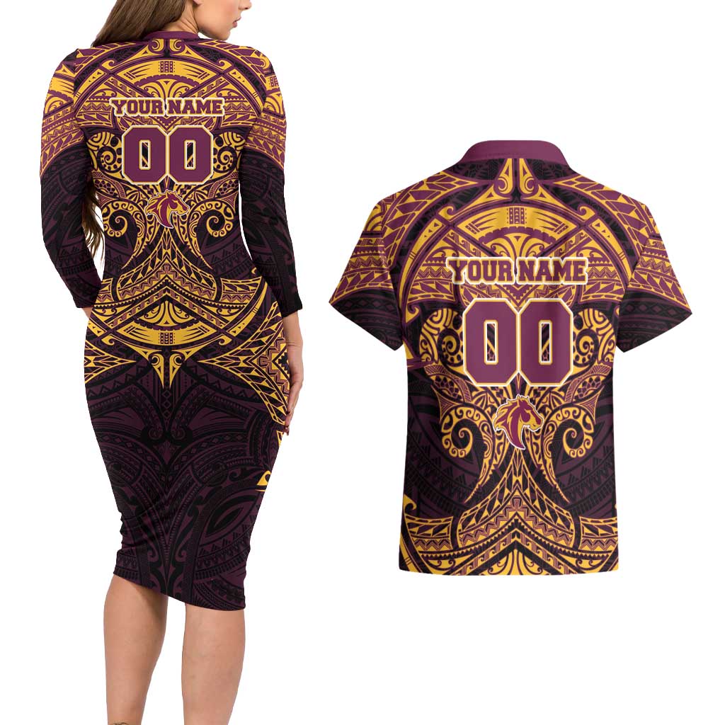 Personalized Brisbane Broncos Couples Matching Long Sleeve Bodycon Dress and Hawaiian Shirt Polynesian Tribal Pattern Style