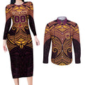 Personalized Brisbane Broncos Couples Matching Long Sleeve Bodycon Dress and Long Sleeve Button Shirt Polynesian Tribal Pattern Style