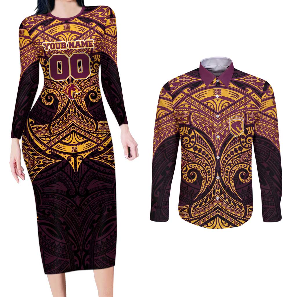 Personalized Brisbane Broncos Couples Matching Long Sleeve Bodycon Dress and Long Sleeve Button Shirt Polynesian Tribal Pattern Style