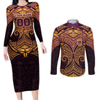 Personalized Brisbane Broncos Couples Matching Long Sleeve Bodycon Dress and Long Sleeve Button Shirt Polynesian Tribal Pattern Style