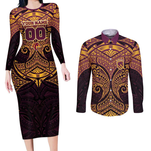 Personalized Brisbane Broncos Couples Matching Long Sleeve Bodycon Dress and Long Sleeve Button Shirt Polynesian Tribal Pattern Style