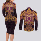 Personalized Brisbane Broncos Couples Matching Long Sleeve Bodycon Dress and Long Sleeve Button Shirt Polynesian Tribal Pattern Style