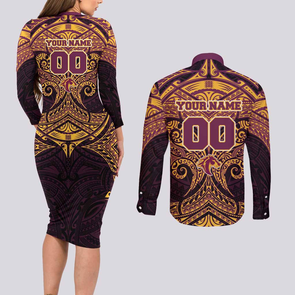 Personalized Brisbane Broncos Couples Matching Long Sleeve Bodycon Dress and Long Sleeve Button Shirt Polynesian Tribal Pattern Style