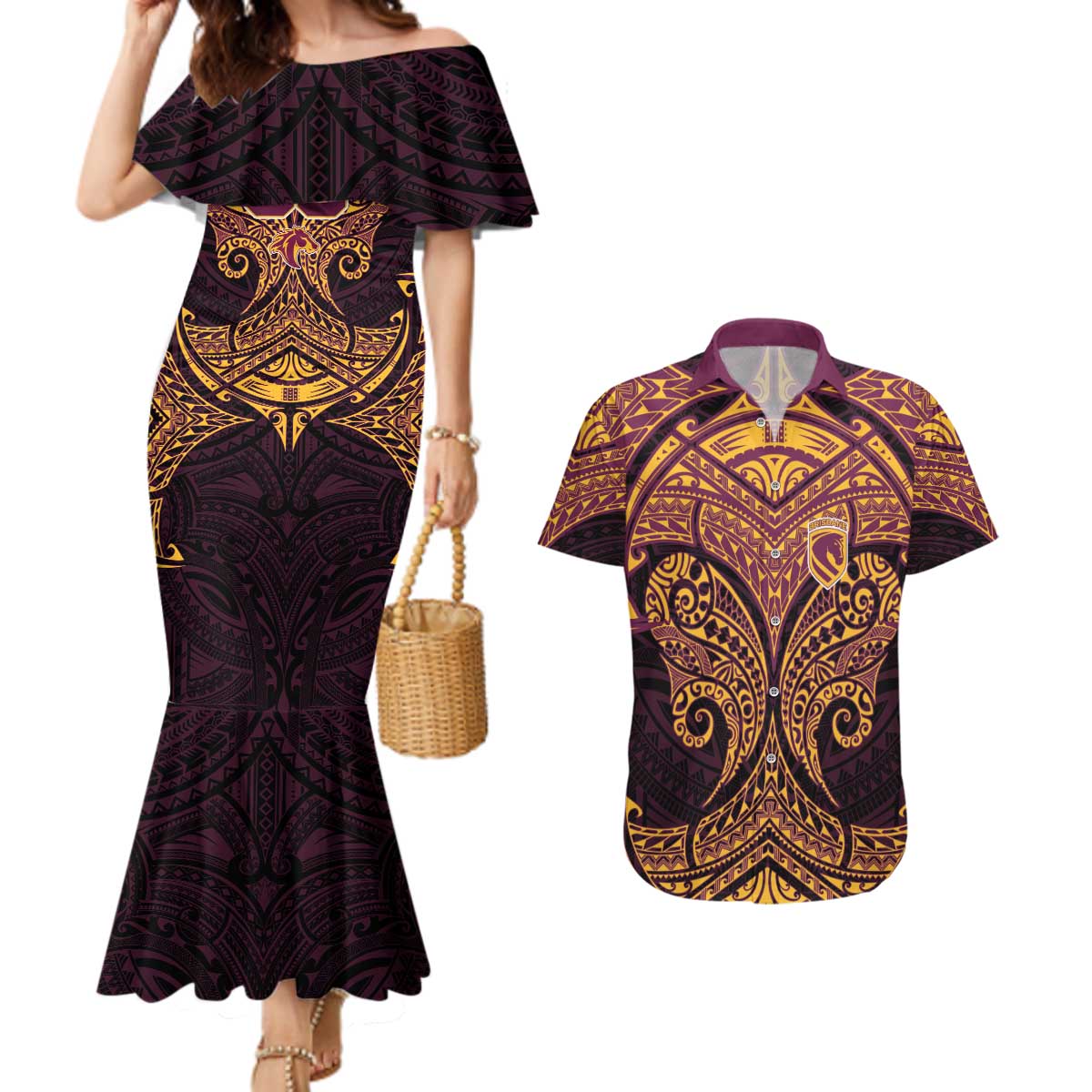 Personalized Brisbane Broncos Couples Matching Mermaid Dress and Hawaiian Shirt Polynesian Tribal Pattern Style