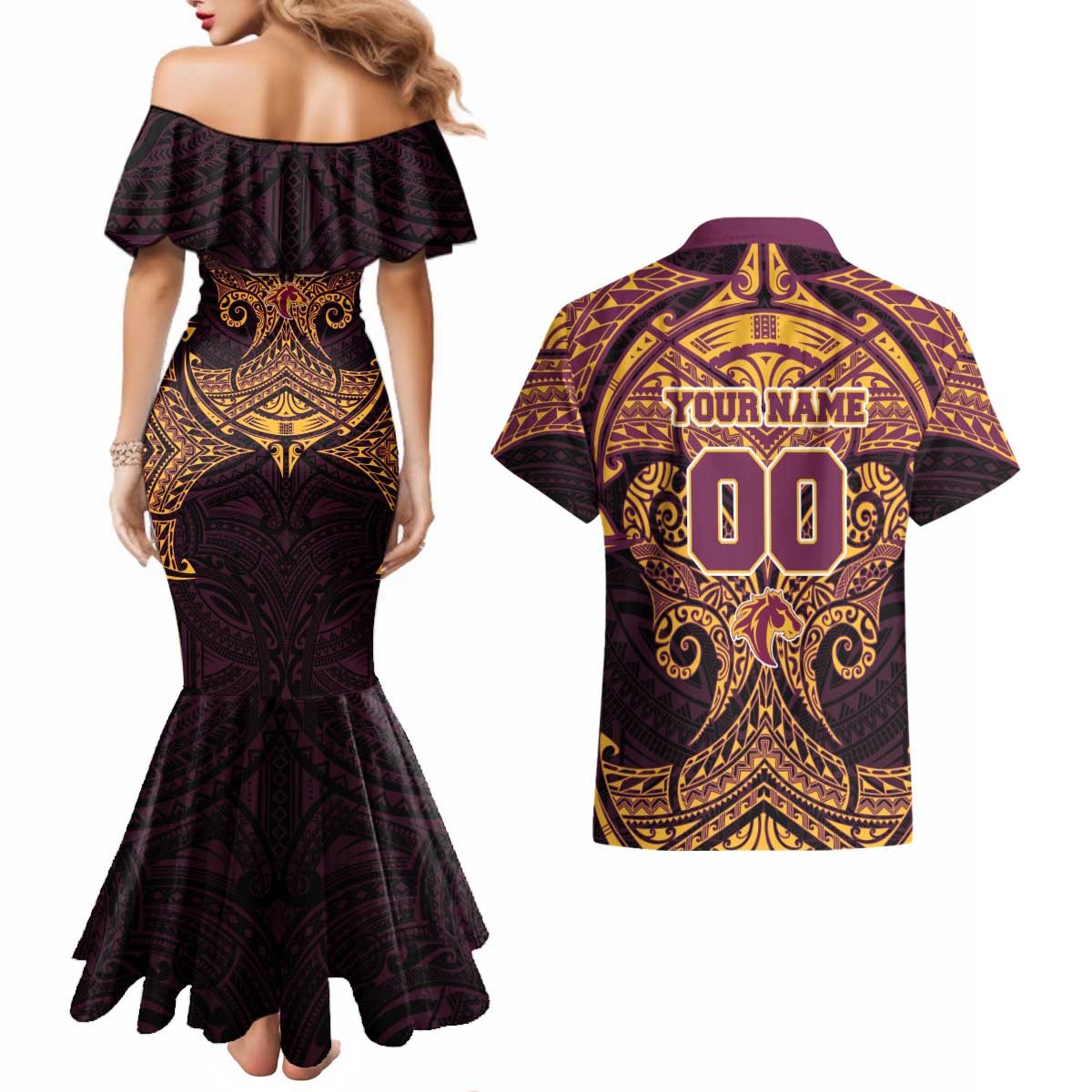 Personalized Brisbane Broncos Couples Matching Mermaid Dress and Hawaiian Shirt Polynesian Tribal Pattern Style