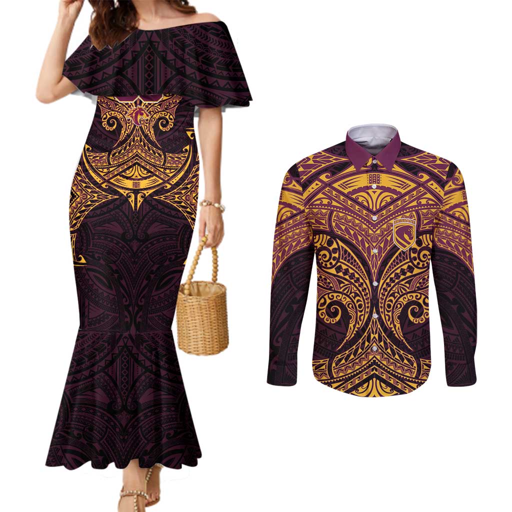 Personalized Brisbane Broncos Couples Matching Mermaid Dress and Long Sleeve Button Shirt Polynesian Tribal Pattern Style