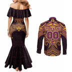 Personalized Brisbane Broncos Couples Matching Mermaid Dress and Long Sleeve Button Shirt Polynesian Tribal Pattern Style