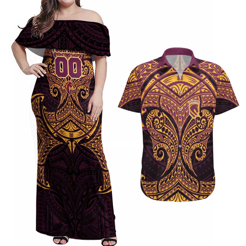 Personalized Brisbane Broncos Couples Matching Off Shoulder Maxi Dress and Hawaiian Shirt Polynesian Tribal Pattern Style