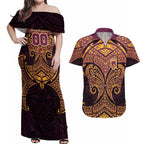 Personalized Brisbane Broncos Couples Matching Off Shoulder Maxi Dress and Hawaiian Shirt Polynesian Tribal Pattern Style