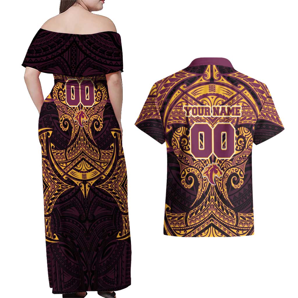 Personalized Brisbane Broncos Couples Matching Off Shoulder Maxi Dress and Hawaiian Shirt Polynesian Tribal Pattern Style