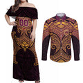 Personalized Brisbane Broncos Couples Matching Off Shoulder Maxi Dress and Long Sleeve Button Shirt Polynesian Tribal Pattern Style